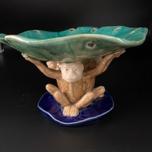 Vintage Majolica Monkeys Holding Leaf Compote